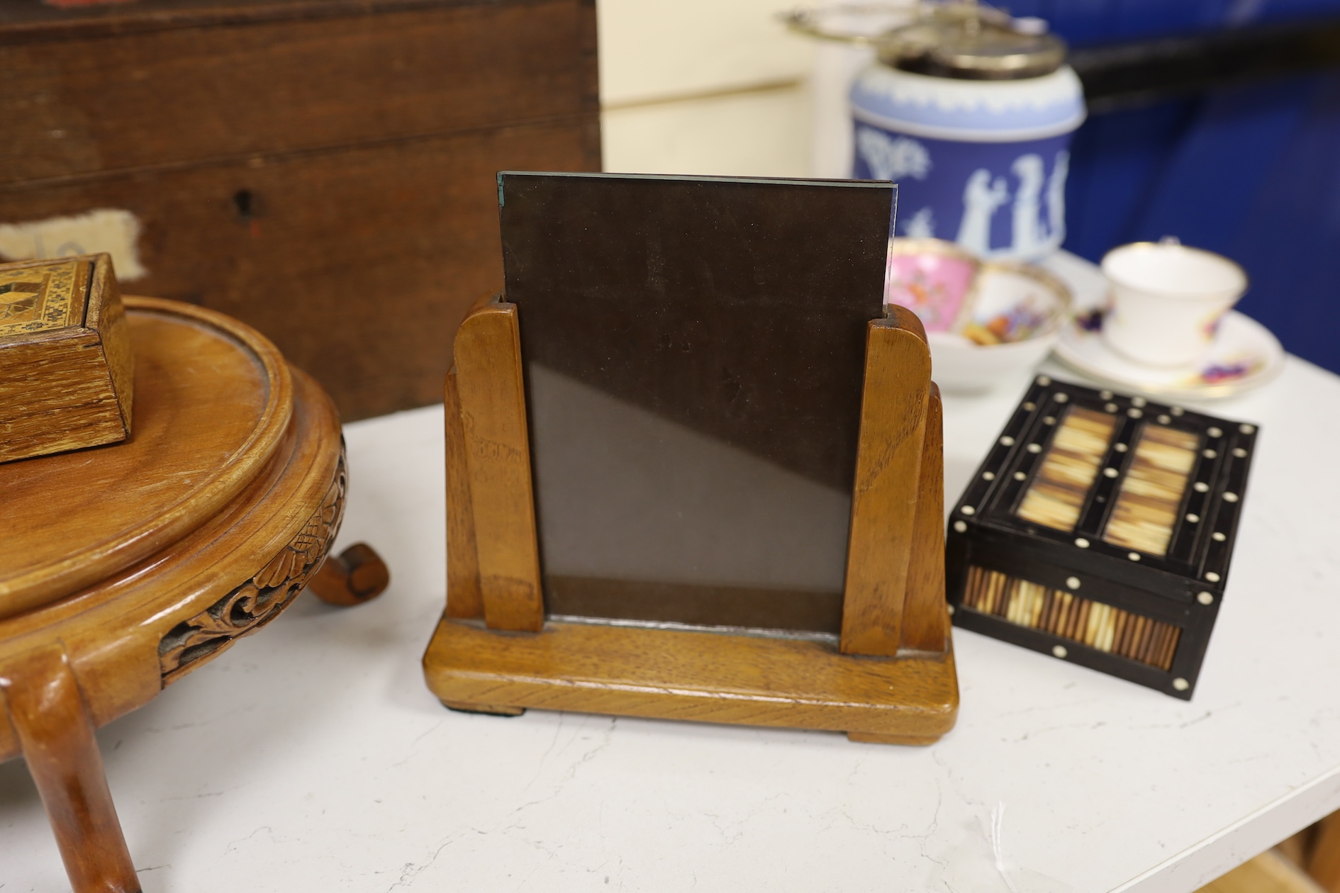 A Chinese stand, a Tunbridge ware box, a quill box, photo frame icon two prints and a box, Chinese stand 21cm. Condition - poor to fair to good